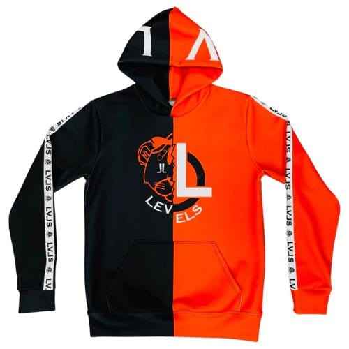 LEVELS SIGNATURE HOODIE BLACK & ORAGE SPLIT LOGO Levels L.L.C.